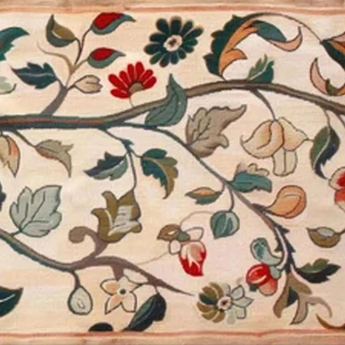 Liam O'Connell panoramic tapestry: flowering branch, red, peach, teal flowers on cream. Detailed floral design.