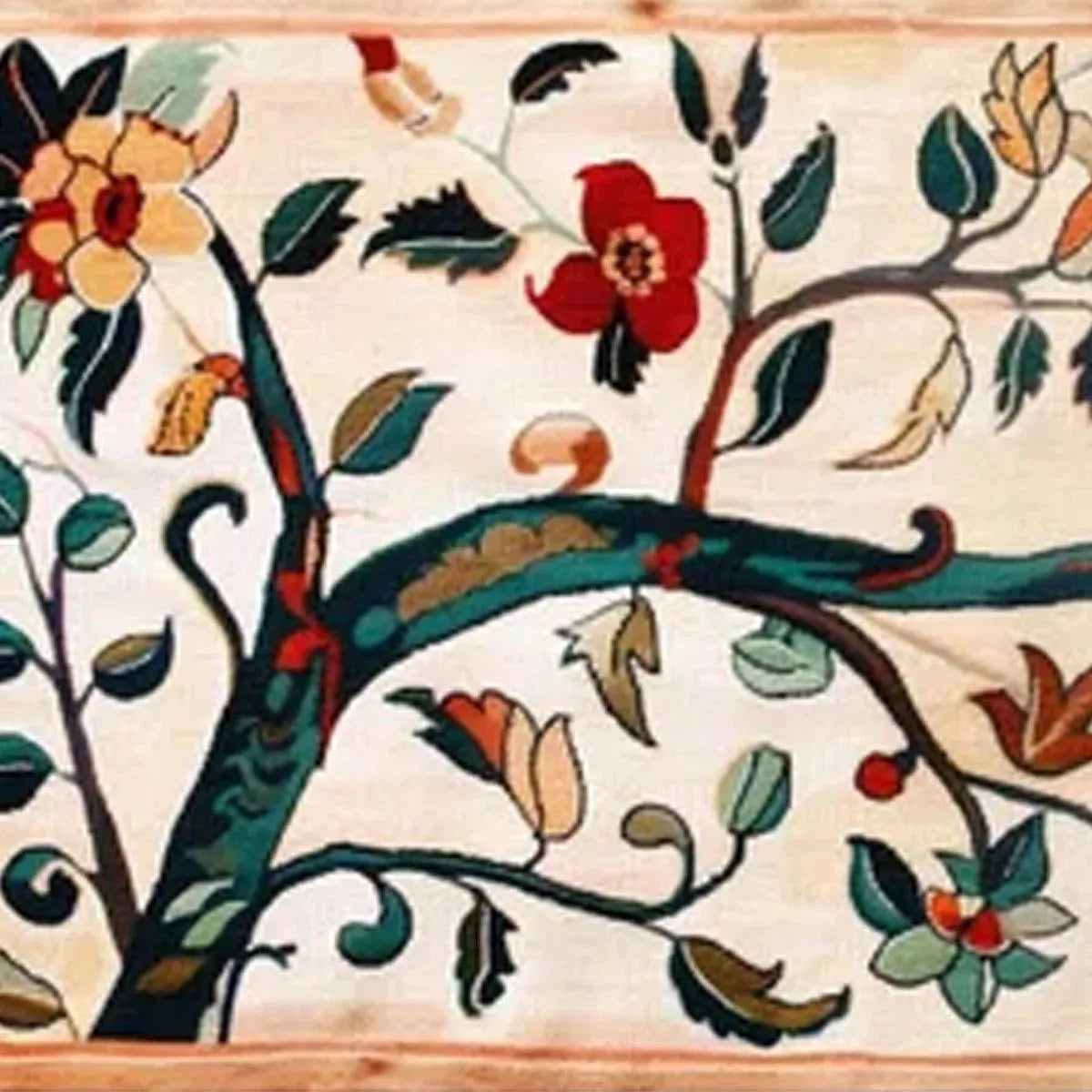 Panoramic tapestry of a flowering branch with red and peach flowers on cream background. Liam O'Connell art.