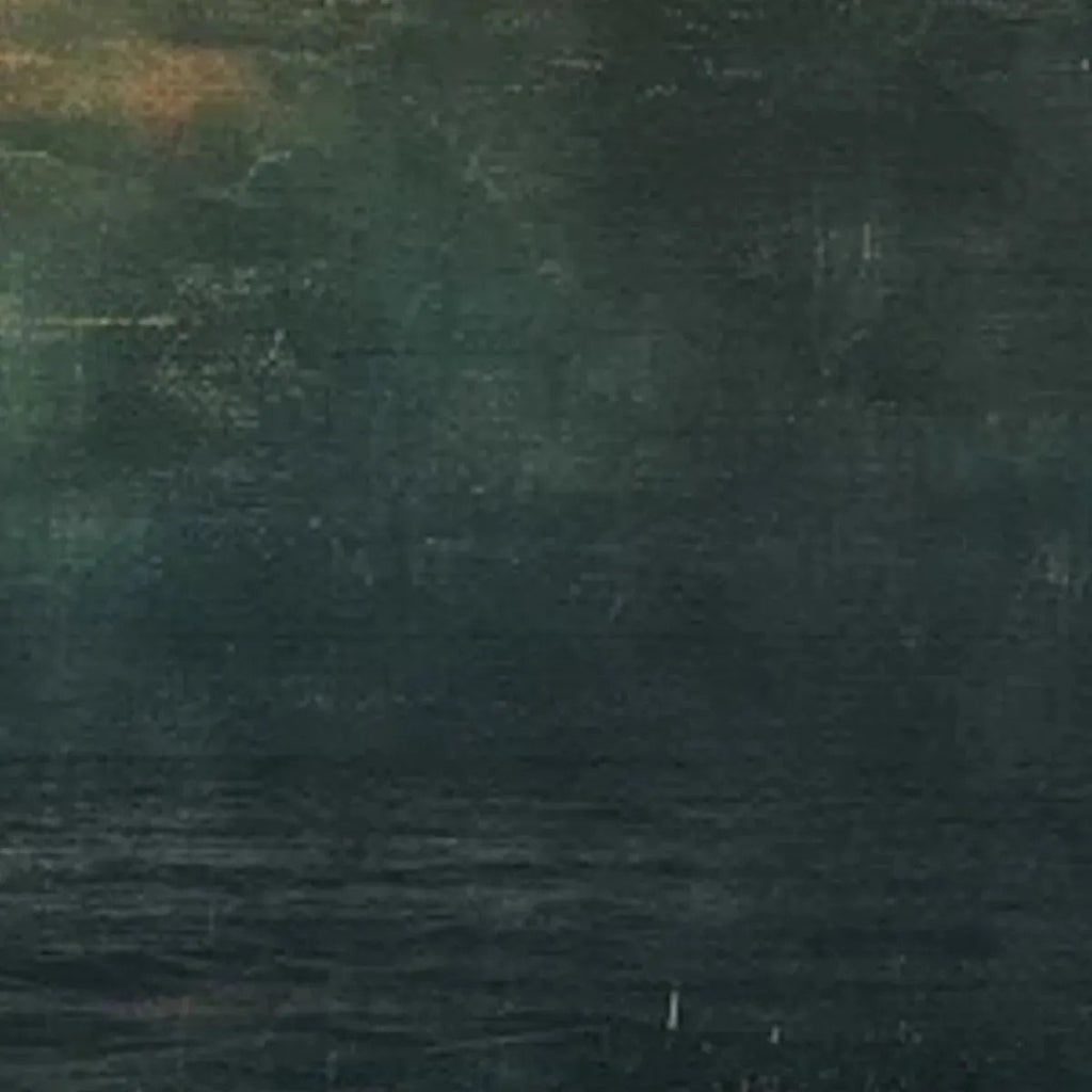 Panoramic vintage painting of a blood moon over a dark, textured ocean with a subtle horizon glow.