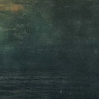 Panoramic vintage painting of a blood moon over a dark, textured ocean with a subtle horizon glow.