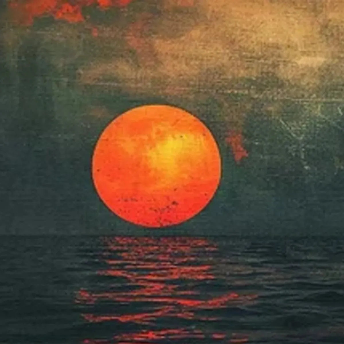 Panoramic painting of a blood moon over a textured ocean at sunset, showcasing dramatic colors and reflection.