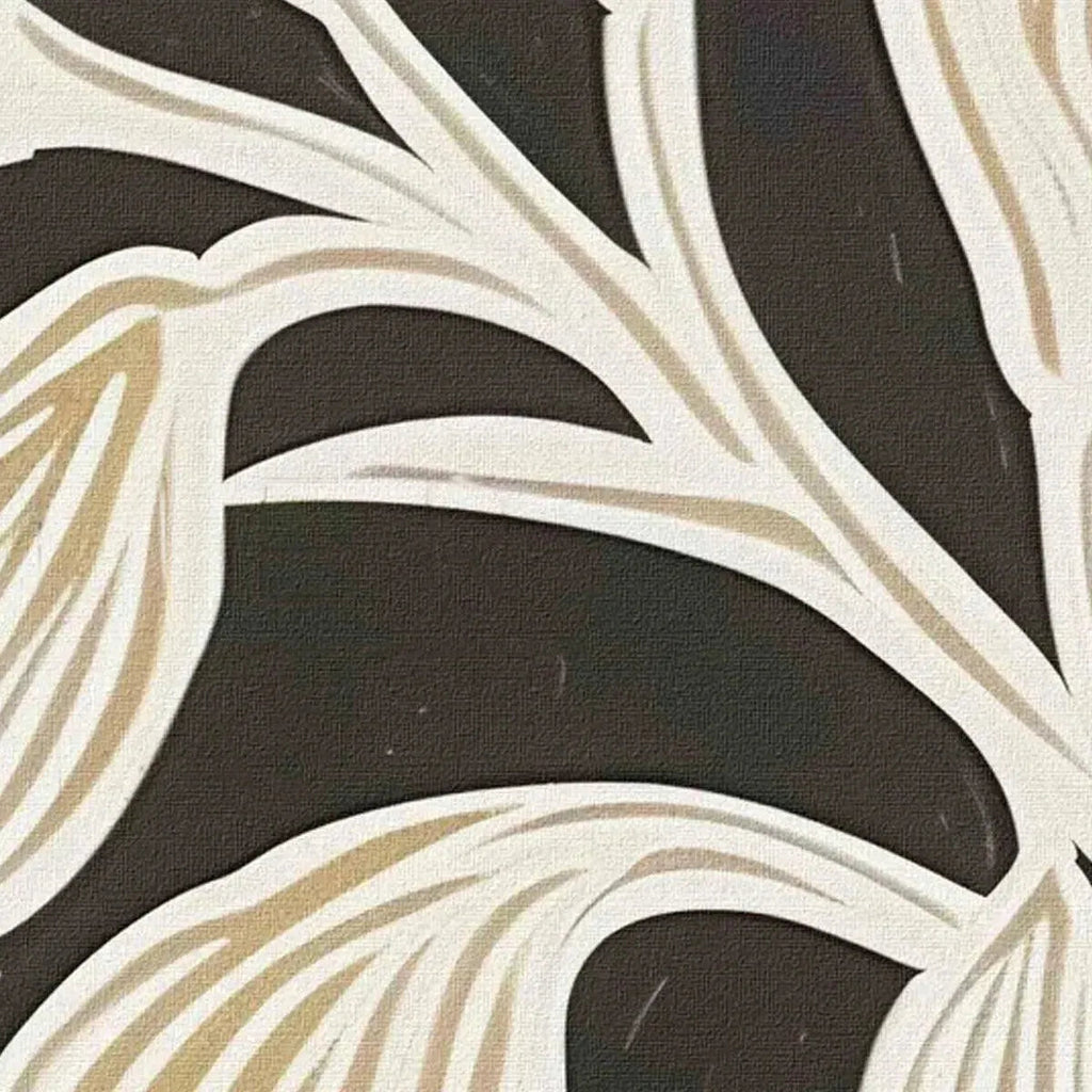 Close-up of Golden Floral Panoramic wall art, featuring cream and gold stylized leaves against a textured black background.
