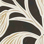 Close-up of Golden Floral Panoramic wall art, featuring cream and gold stylized leaves against a textured black background.
