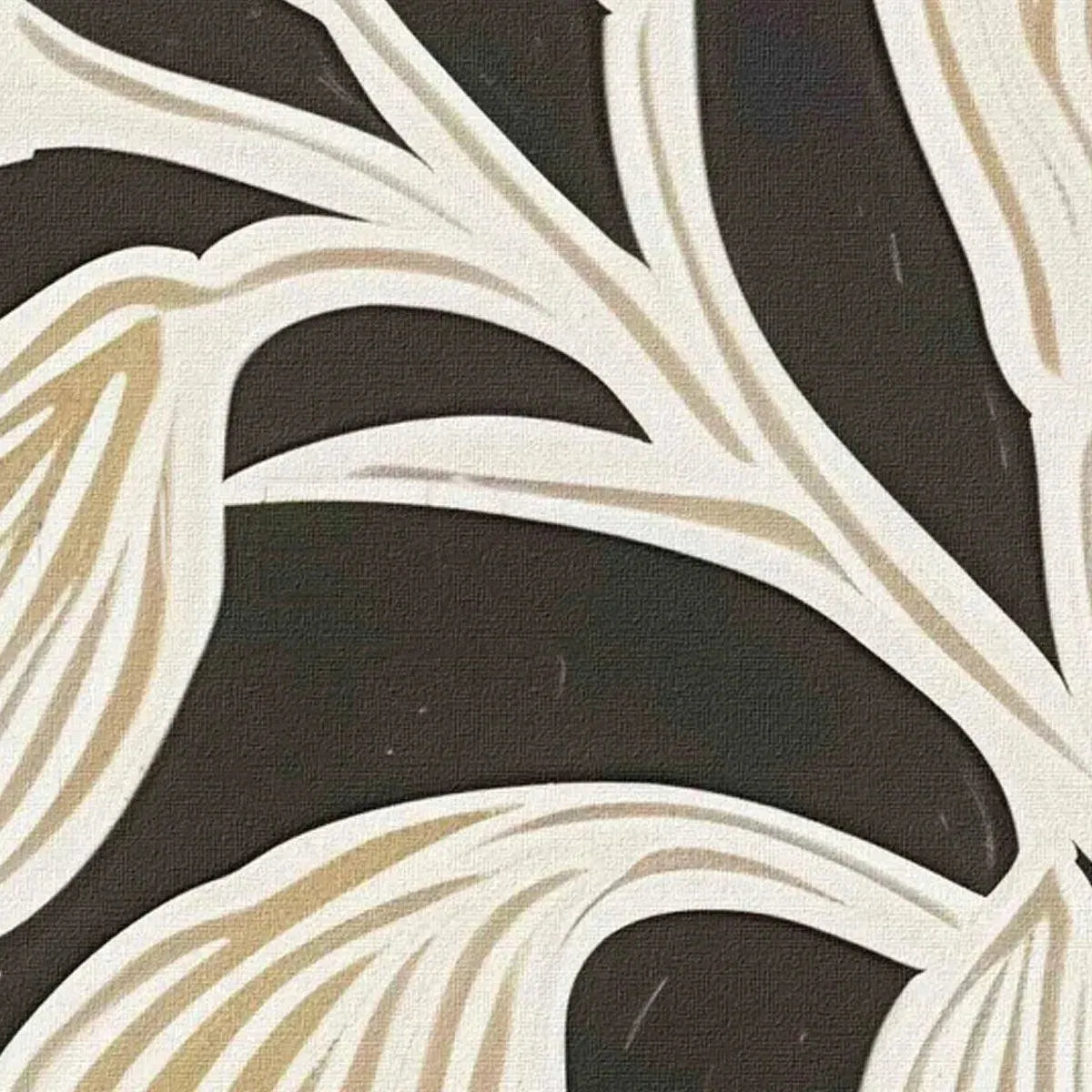 Close-up of Golden Floral Panoramic wall art, featuring cream and gold stylized leaves against a textured black background.