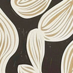 Close-up of Golden Floral Panoramic wall art, abstract cream petals with gold stripes on textured black background.