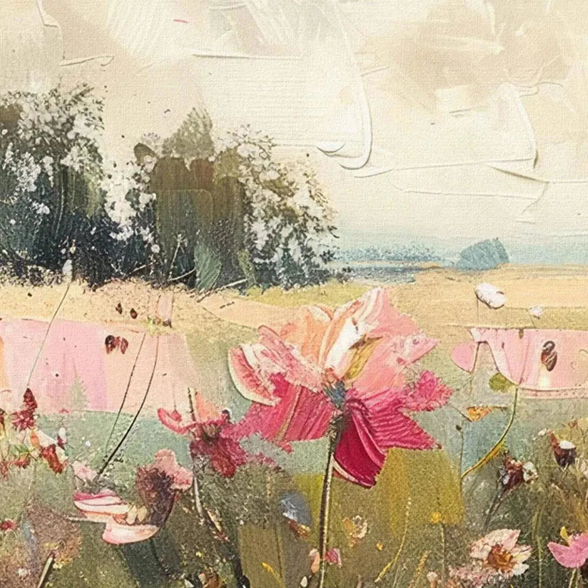 Impressionist panoramic painting of a wildflower field with thick brushstrokes and prominent pink flowers, Elodie Dubois