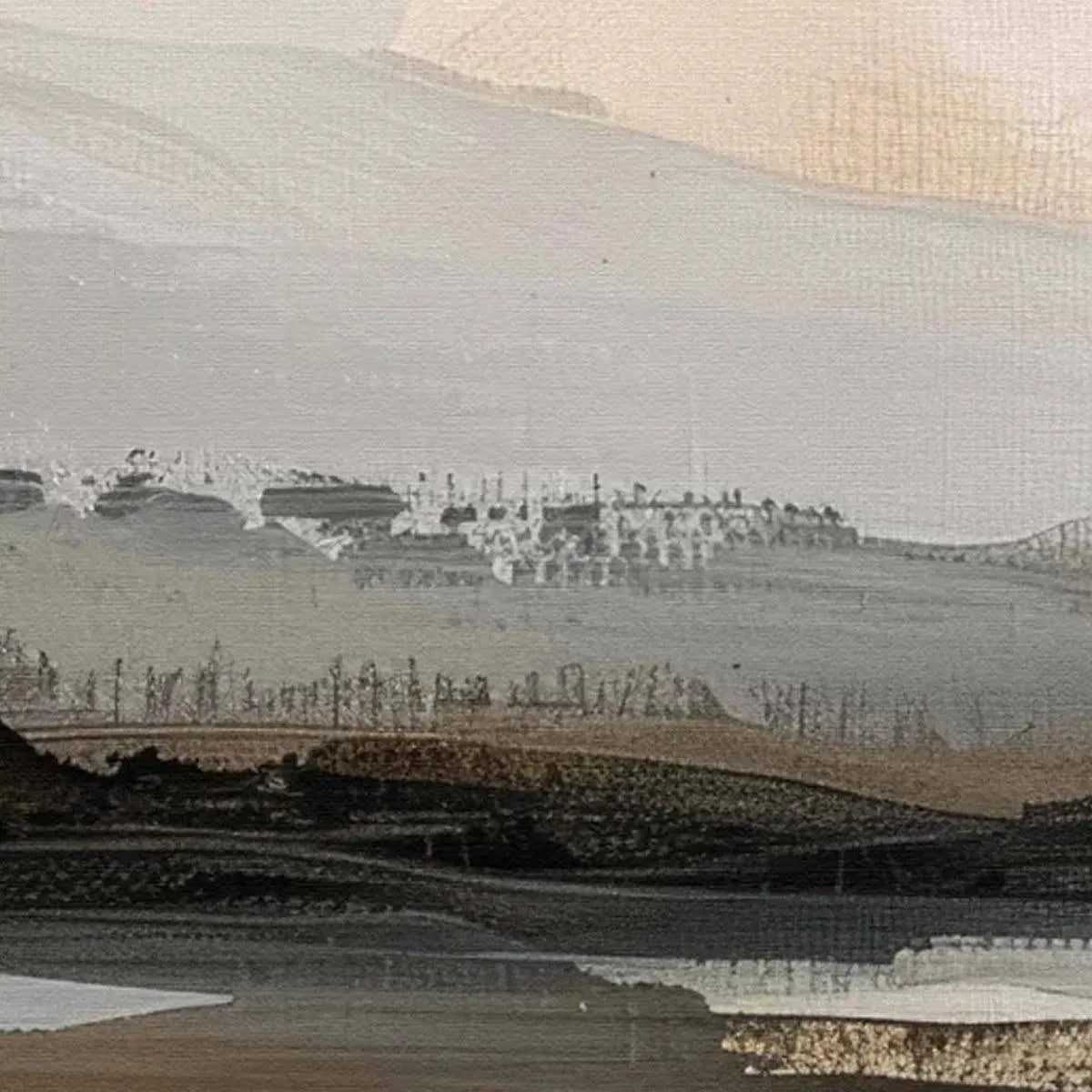 Misty Mountain Lake Panoramic artwork close-up showing textured brushstrokes of muted grays and browns.