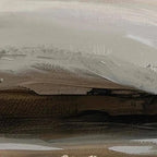 Close-up textured brushstrokes of Misty Mountain Lake Panoramic painting in muted earth tones, showing hills and mist.