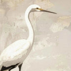 White Heron Panoramic painting, minimalist bird art. Elegant white heron on textured cream and grey background.