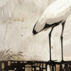 White Heron Panoramic artwork: minimalist painting of a white heron on textured cream and grey background with black legs.