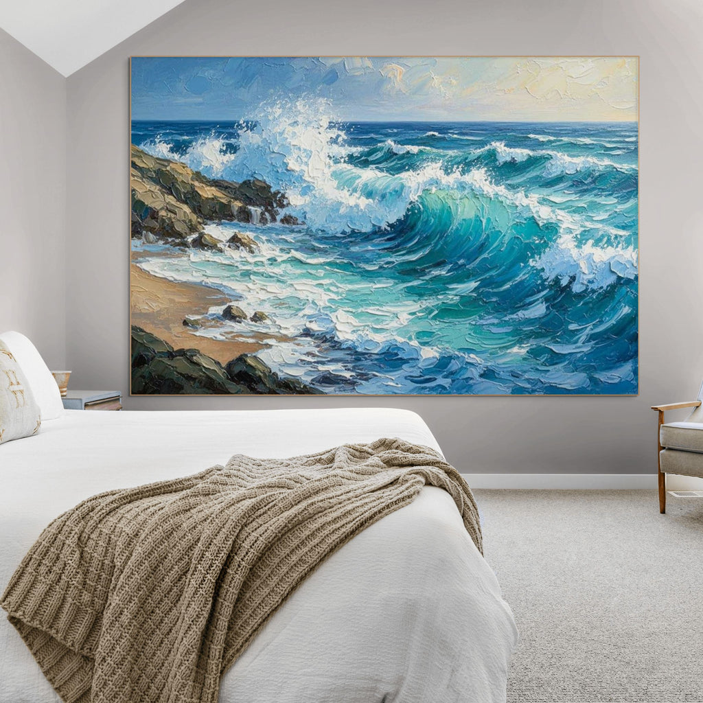 AEGEAN CRASH: Impasto Crashing Wave Turquoise Blue Gold Canvas