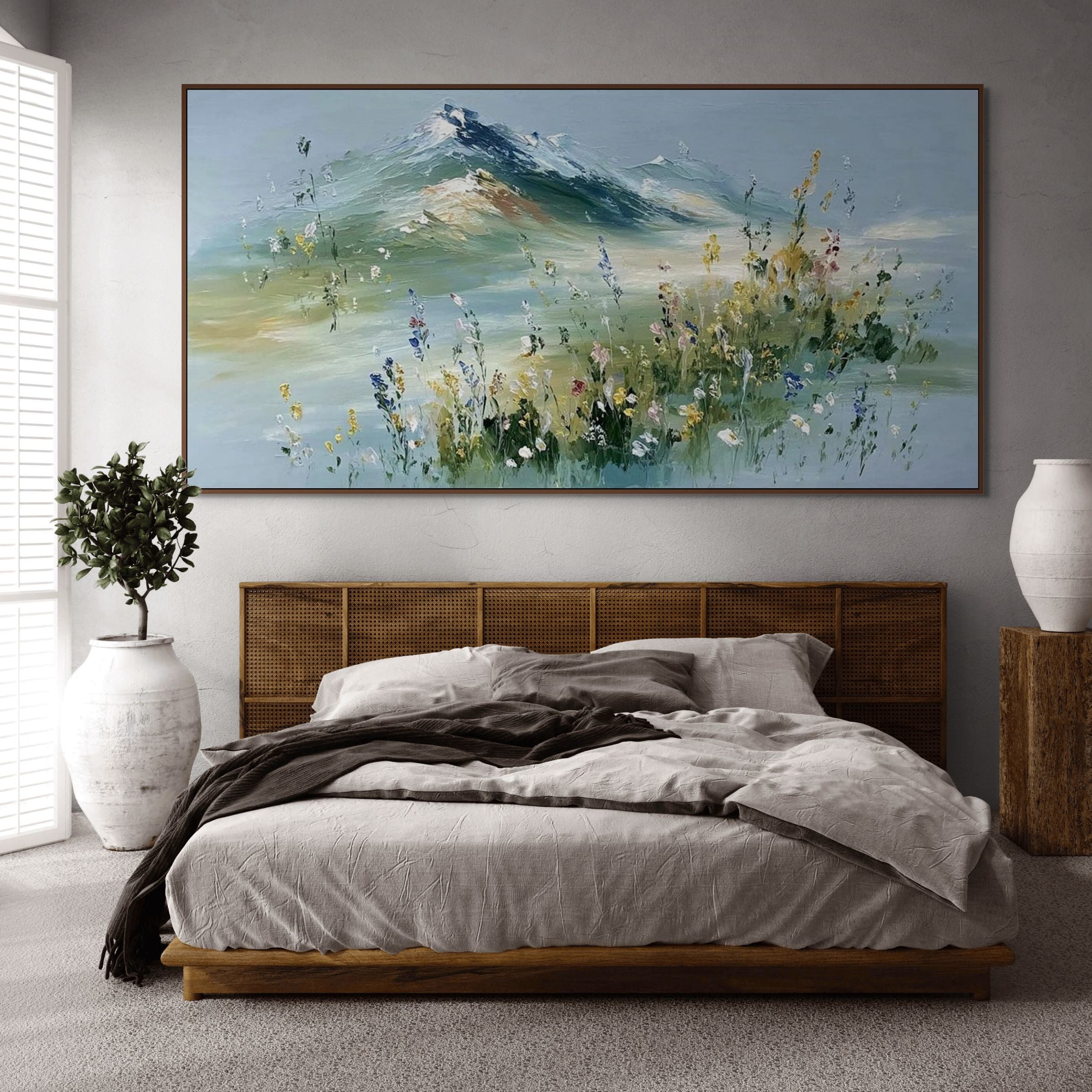ALPINE BLOOM: Impasto Snow Kissed Peaks  Wildflowers Canvas