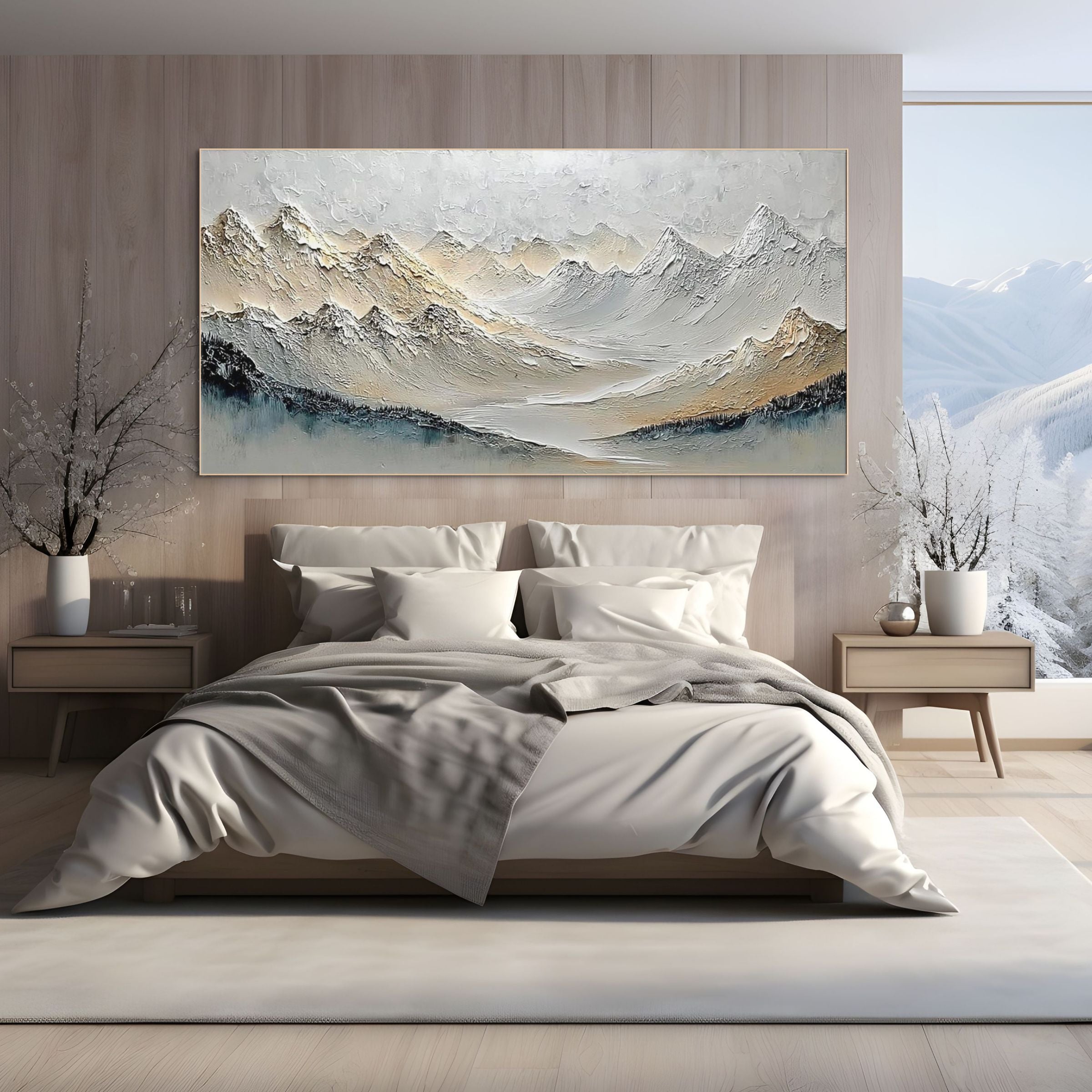 ALPINE SERENITY: Textured Wabi-Sabi Mountain Landscape with White and Blue Tones