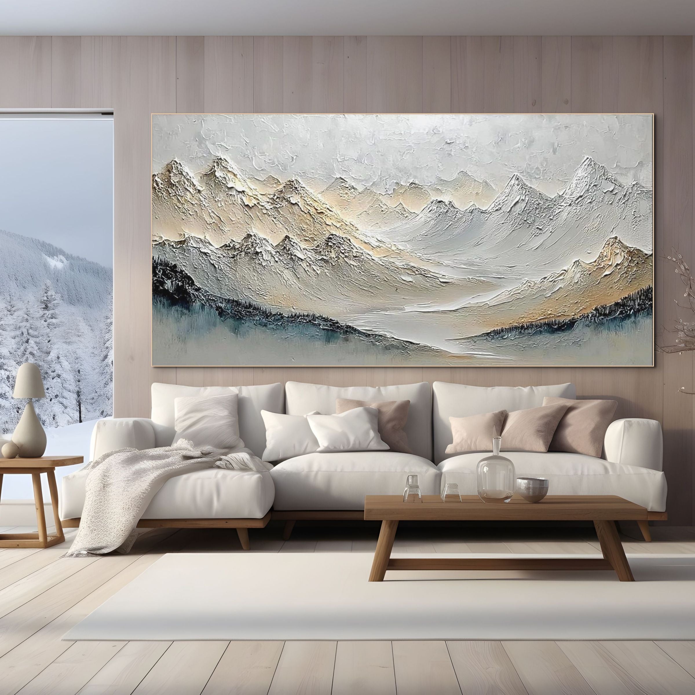 ALPINE SERENITY: Textured Wabi-Sabi Mountain Landscape with White and Blue Tones