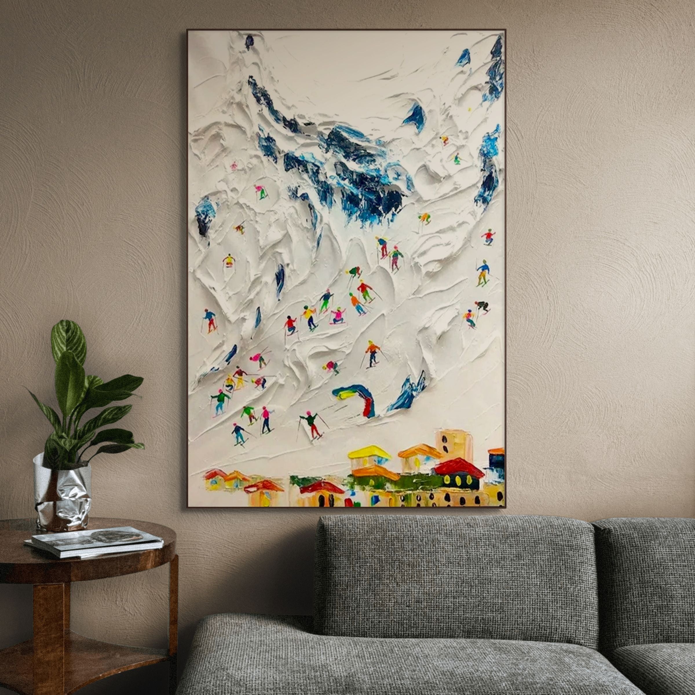 ALPINE SKI DAY: Textured Ski Scene Vertical Wall Art