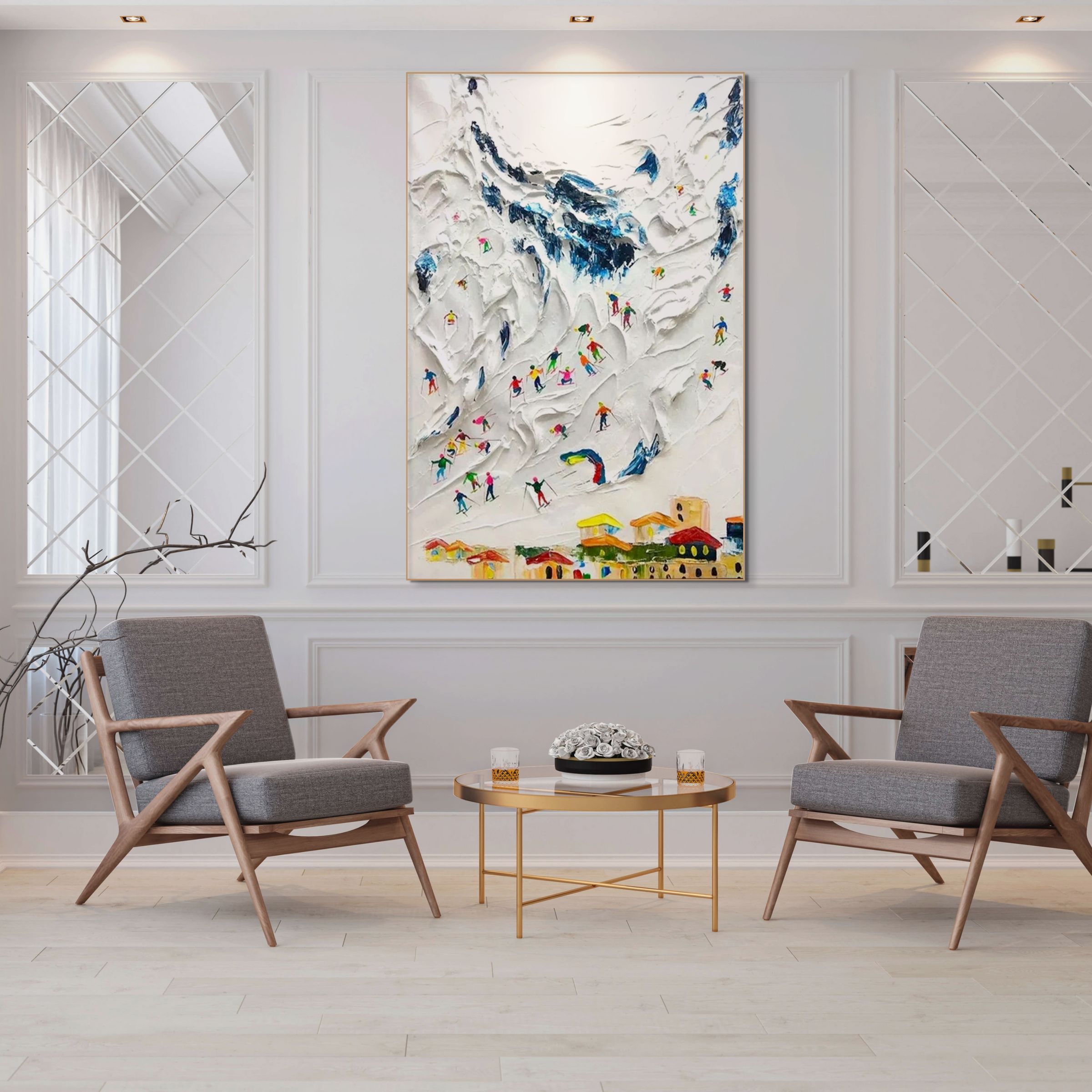 ALPINE SKI DAY: Textured Ski Scene Vertical Wall Art