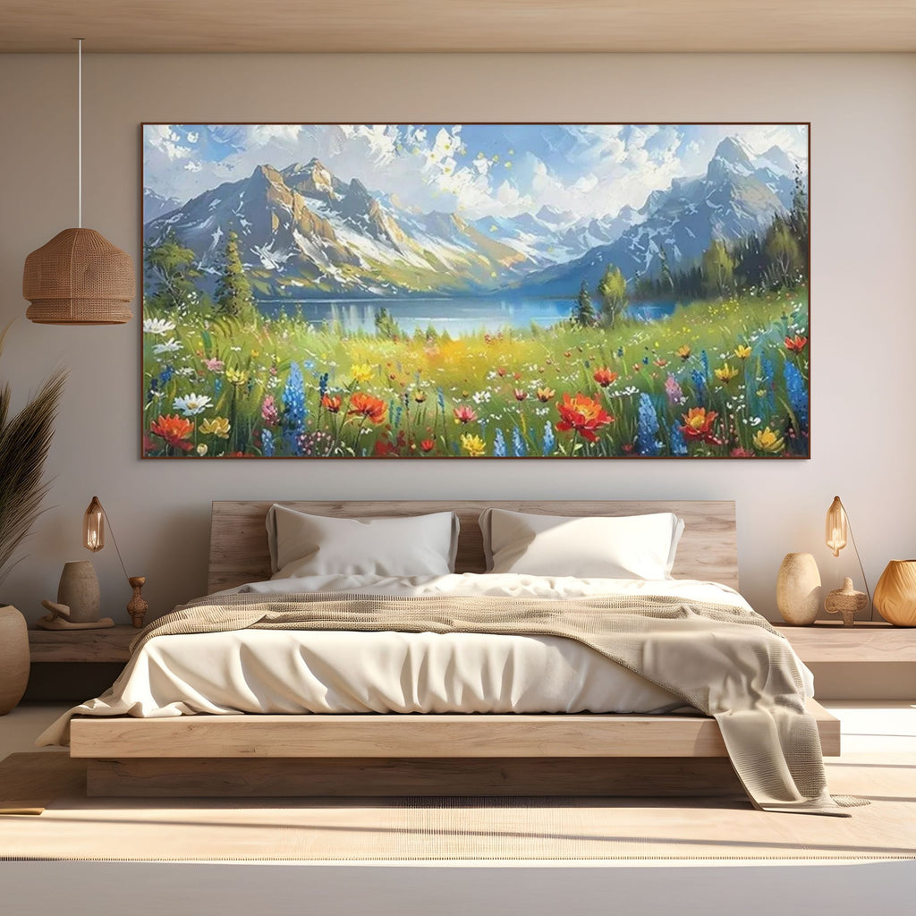 ALPINE WILDFLOWER PARADISE: Textured Wildflower Meadow Majestic Mountains Canvas
