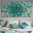 AQUA BLOOM: Impasto Vibrant Teal Green Blossoming Canvas