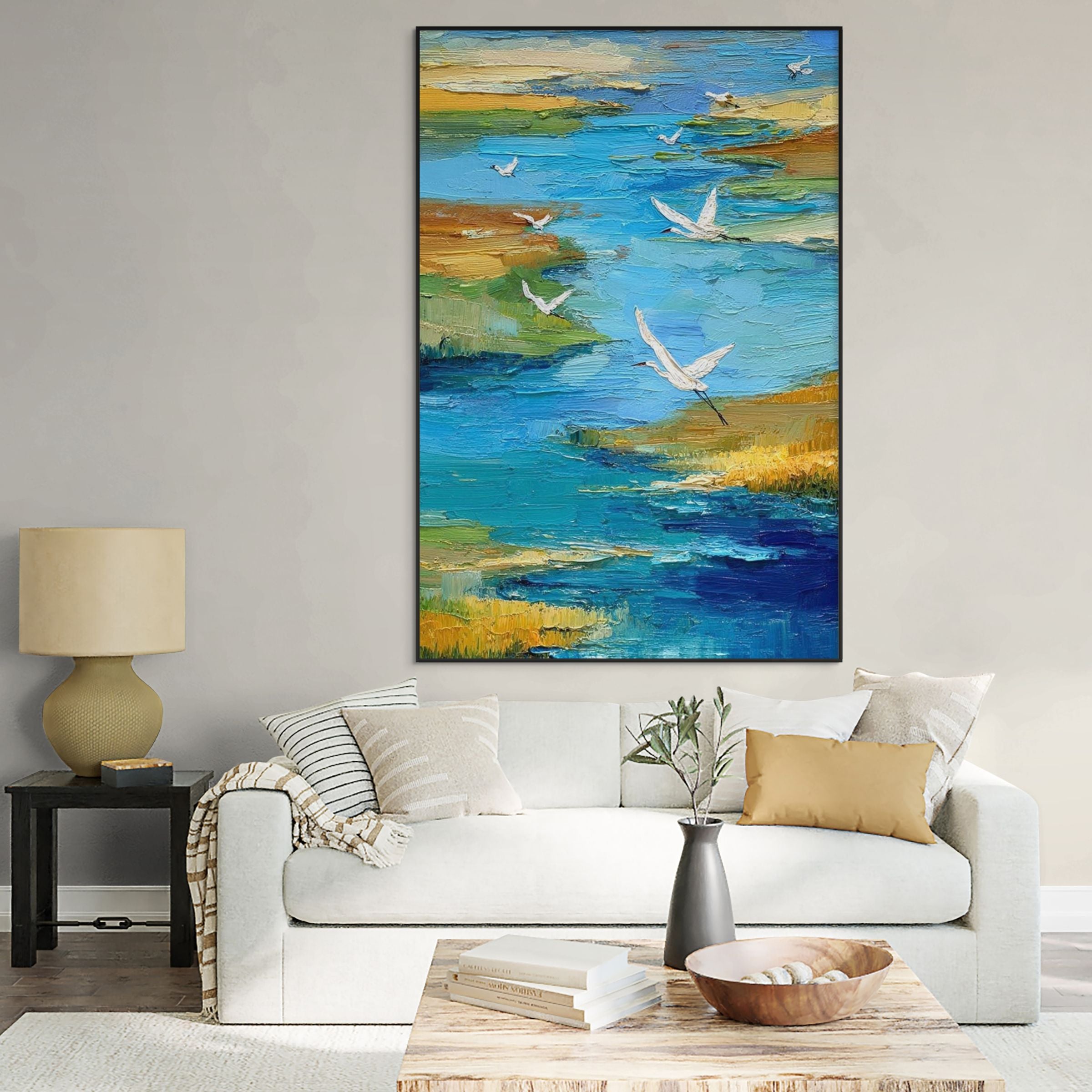 AQUAMARINE SOJOURN: Impasto White Egrets Sun Marsh Canvas