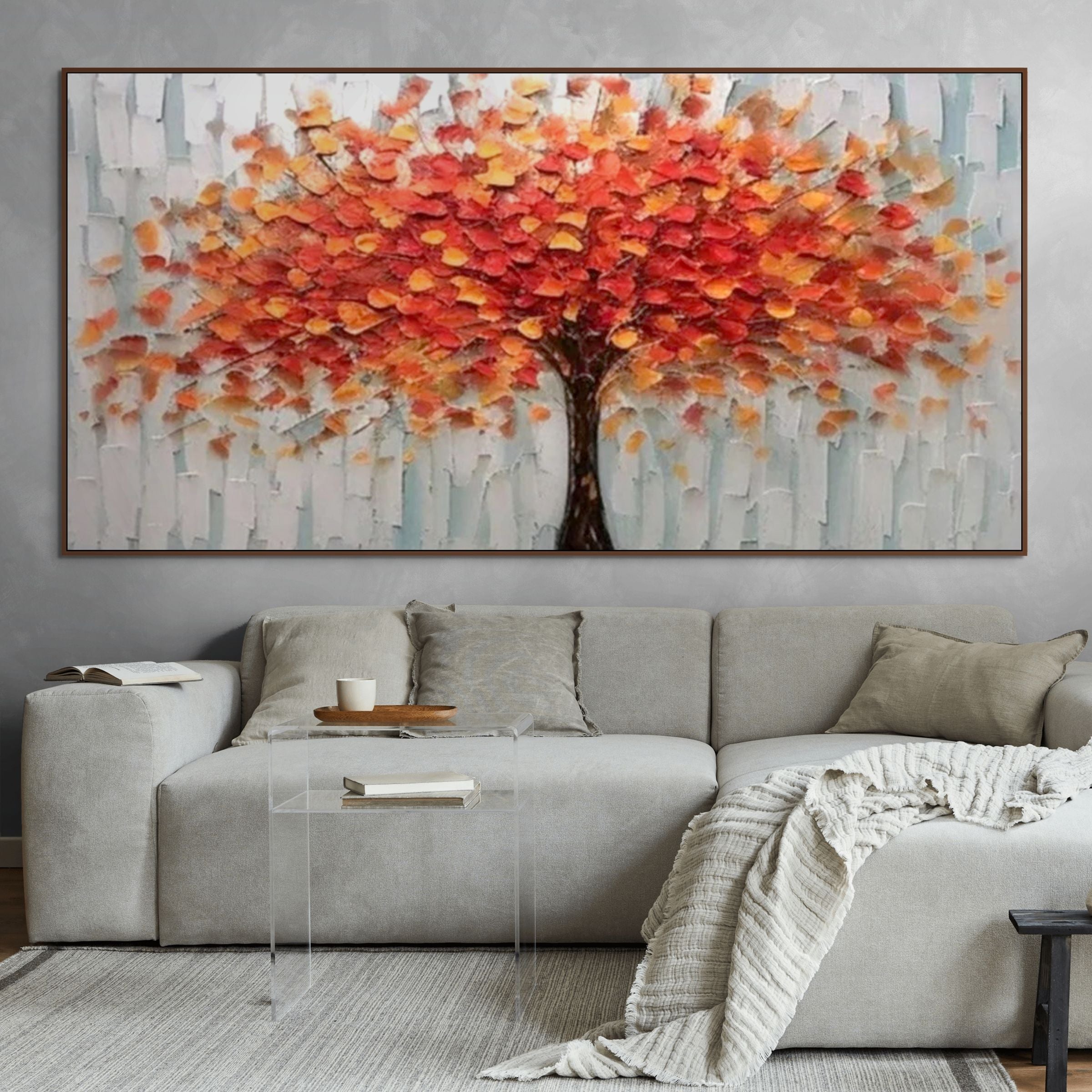 AUTUMN FIRE: Impasto Fiery Orange Red Tree Canvas