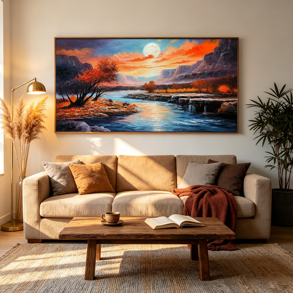 AUTUMN RIVER: Panoramic Sunset Sky Reflecting In Flowing Water Canvas