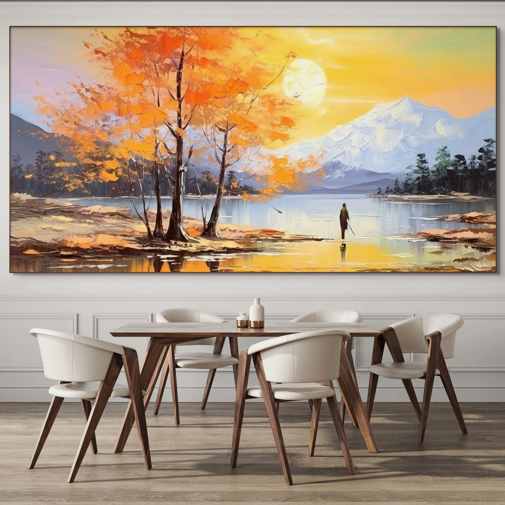 AUTUMN SERENADE: Tranquil Lake Mountain Landscape Oil Painting