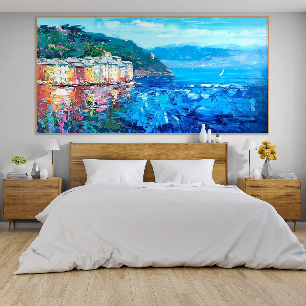 AZURE RIVIERA: Impasto Sunlit Facades Cobalt Bay Sparkling Canvas
