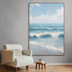 AZURE CREST: Textured Impasto Rolling Waves White Clouds Canvas