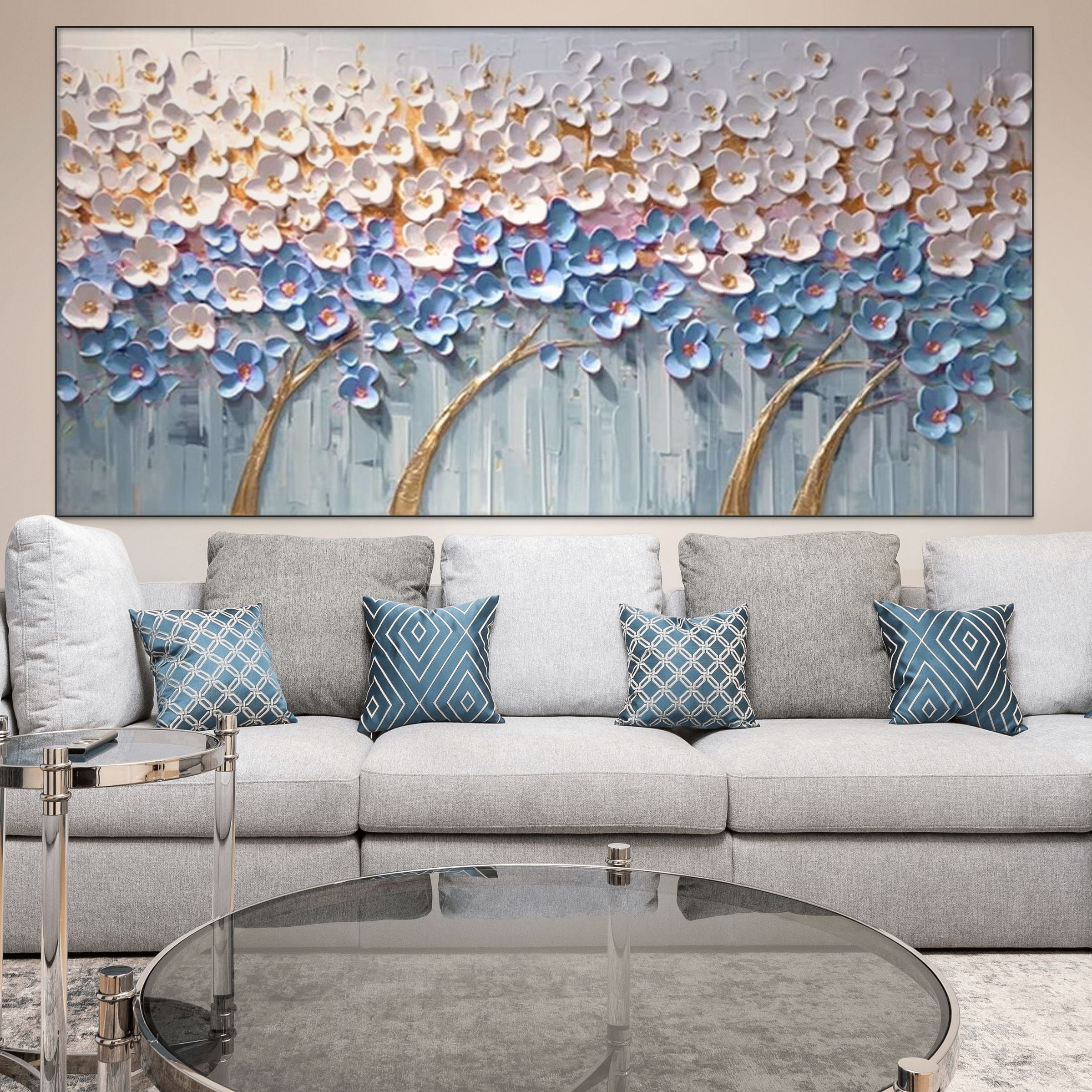 AZURE DREAM: Blue Blossom Gold Branches Canvas