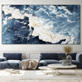 AZURE WHISPERS: Panoramic Abstract Blue And Gold Ocean Waves Canvas