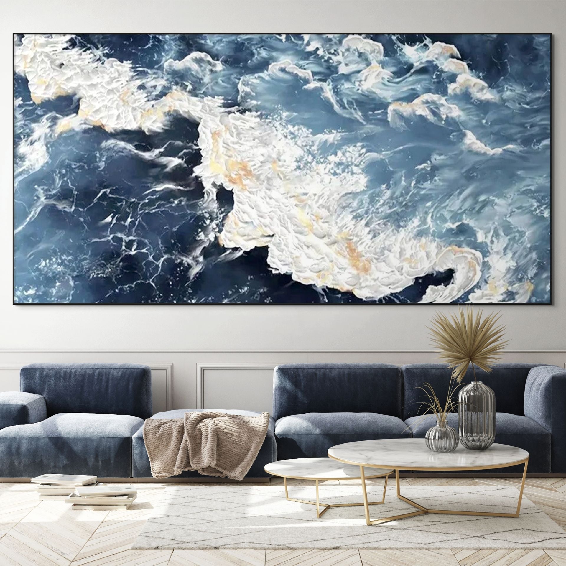 AZURE WHISPERS: Panoramic Abstract Blue And Gold Ocean Waves Canvas