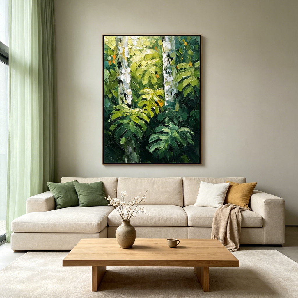BIRCHWOOD WHISPERS: Palette Knife Impasto Sunlit Birch Trees Canvas