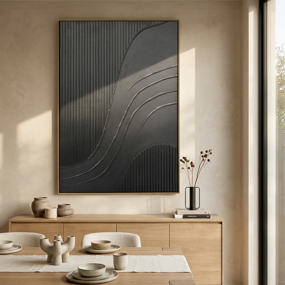 BLACK TEXTURED CURVES: Pure Black Flowing Curves Statement Canvas