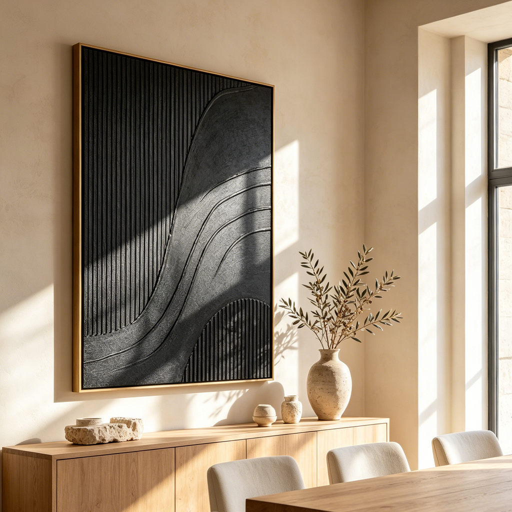 BLACK TEXTURED CURVES: Pure Black Flowing Curves Statement Canvas