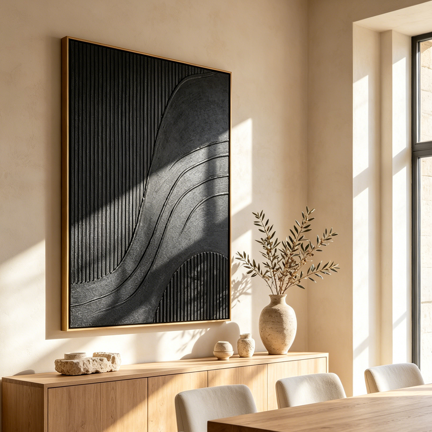 BLACK TEXTURED CURVES: Pure Black Flowing Curves Statement Canvas