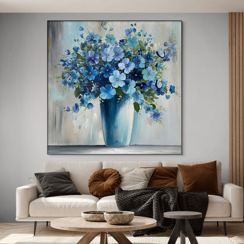 BLUE SERENITY: Deep Blue Flower Oil Painting