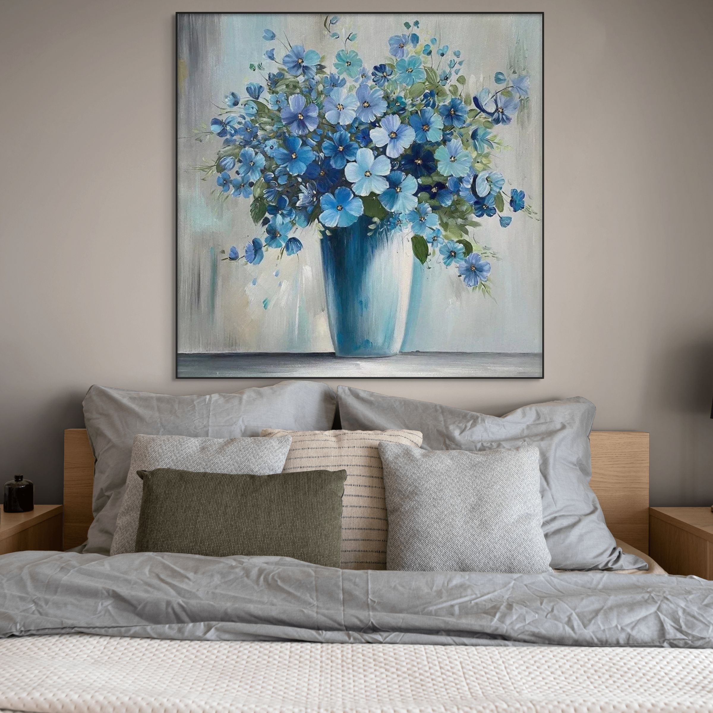 BLUE SERENITY: Deep Blue Flower Oil Painting