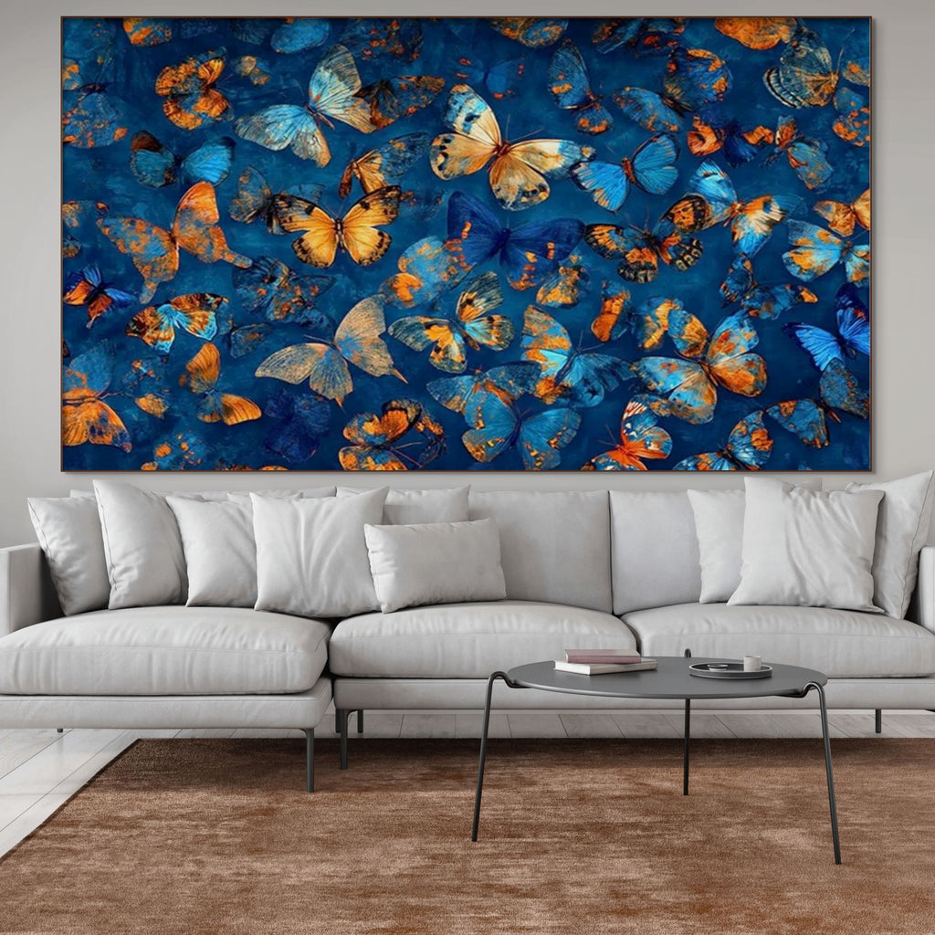 BLUE MORPHO WALTZ: Blue And Gold Butterflies In Motion Canvas