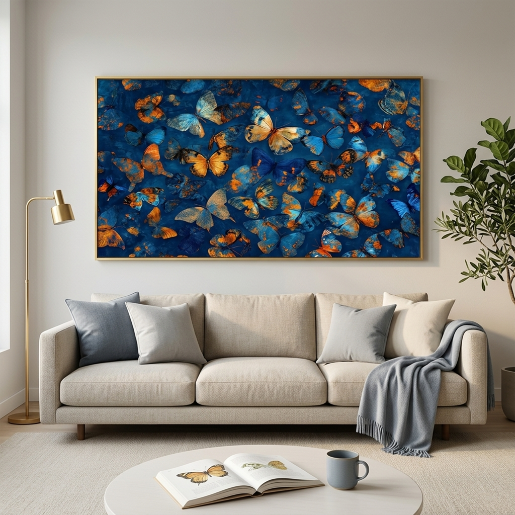 BLUE MORPHO WALTZ: Blue And Gold Butterflies In Motion Canvas