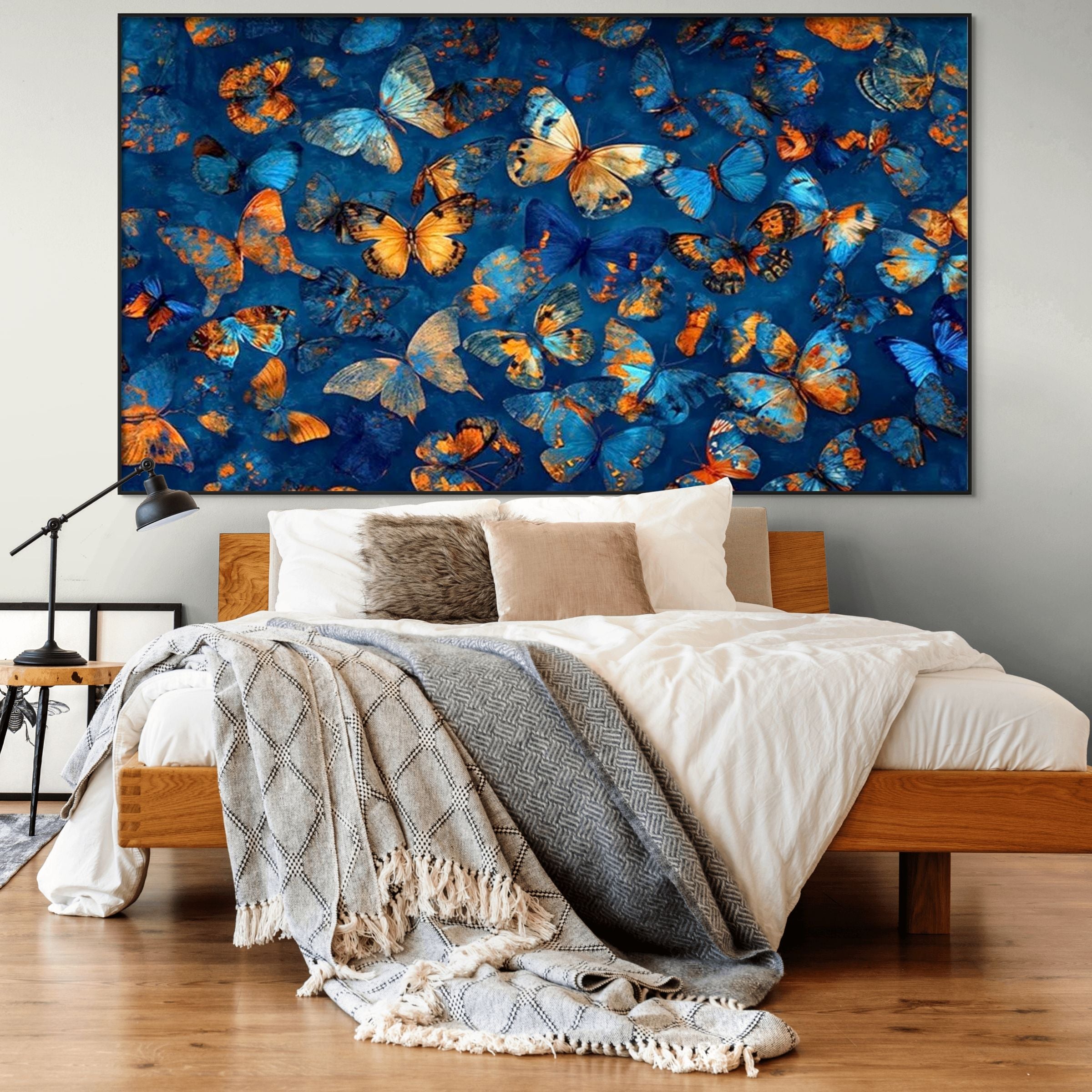 BLUE MORPHO WALTZ: Blue And Gold Butterflies In Motion Canvas