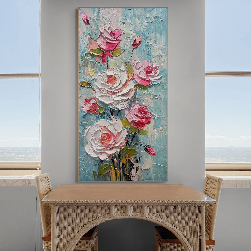 BLUSHING BOUQUET: Textured Impasto Pink White Roses Canvas