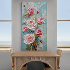 BLUSHING BOUQUET: Textured Impasto Pink White Roses Canvas