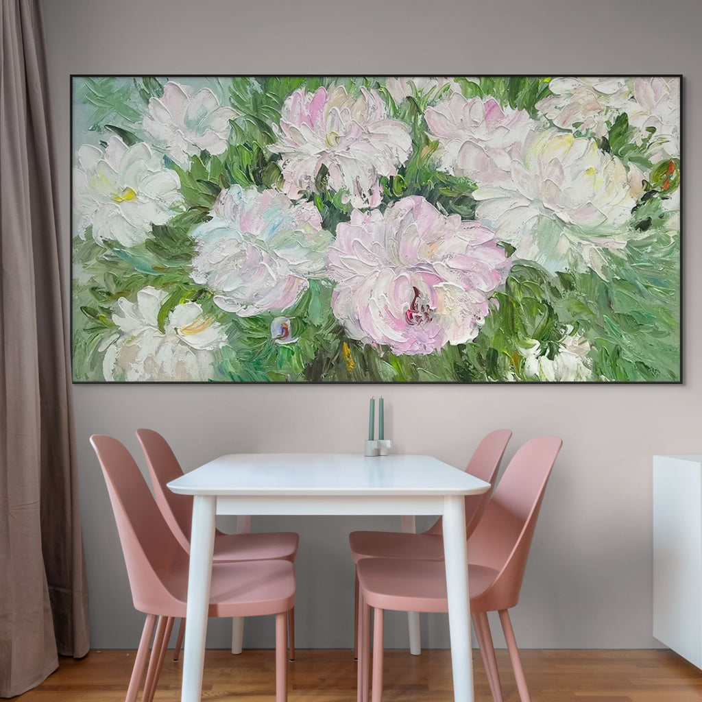 BLUSHING PEONIES: Pink White Floral Cluster Oil Painting