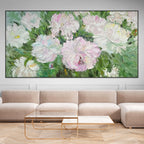BLUSHING PEONIES: Pink White Floral Cluster Oil Painting