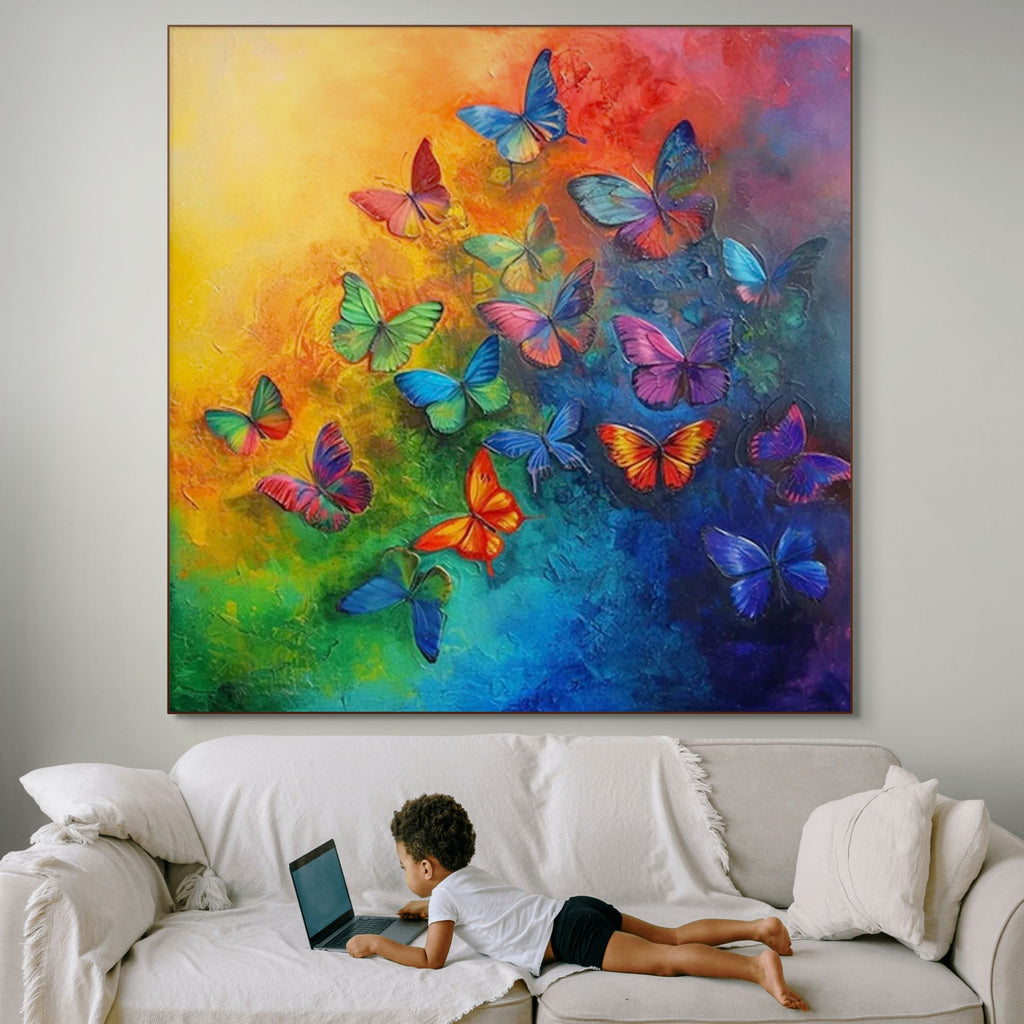 BUTTERFLY RAINBOW: Kaleidoscope Colorful Butterflies Square Canvas