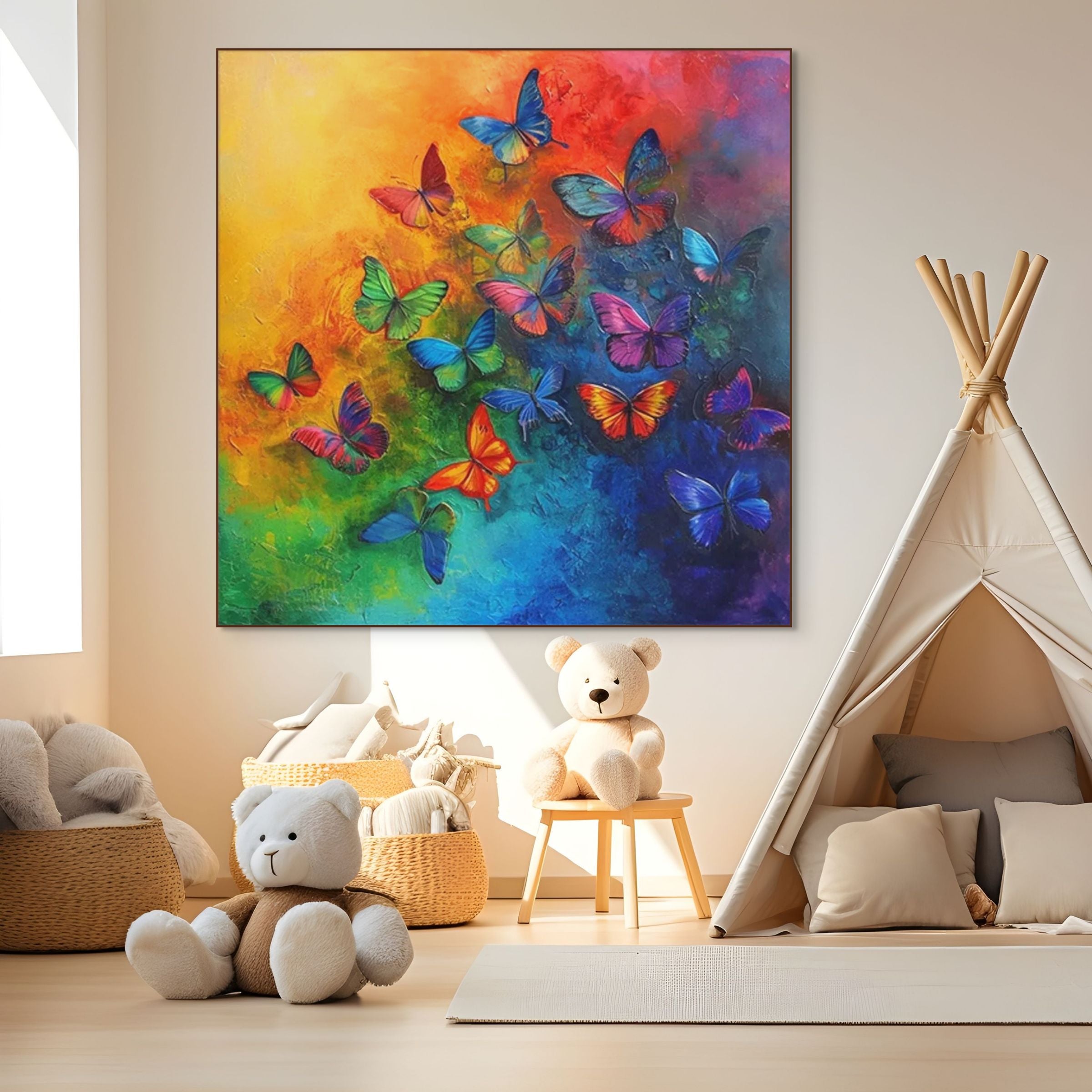 BUTTERFLY RAINBOW: Kaleidoscope Colorful Butterflies Square Canvas