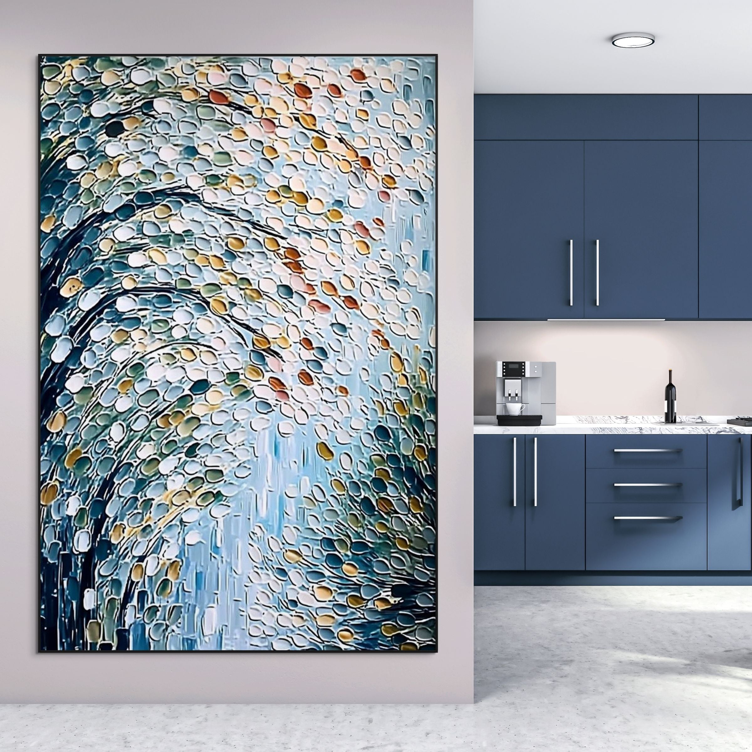CASCADING PETALS: Impasto White Gold Teal Circular Daubs Canvas