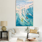 Catching the Wave: Vertical Textured Ocean Surf Painting with Surfers in Motion