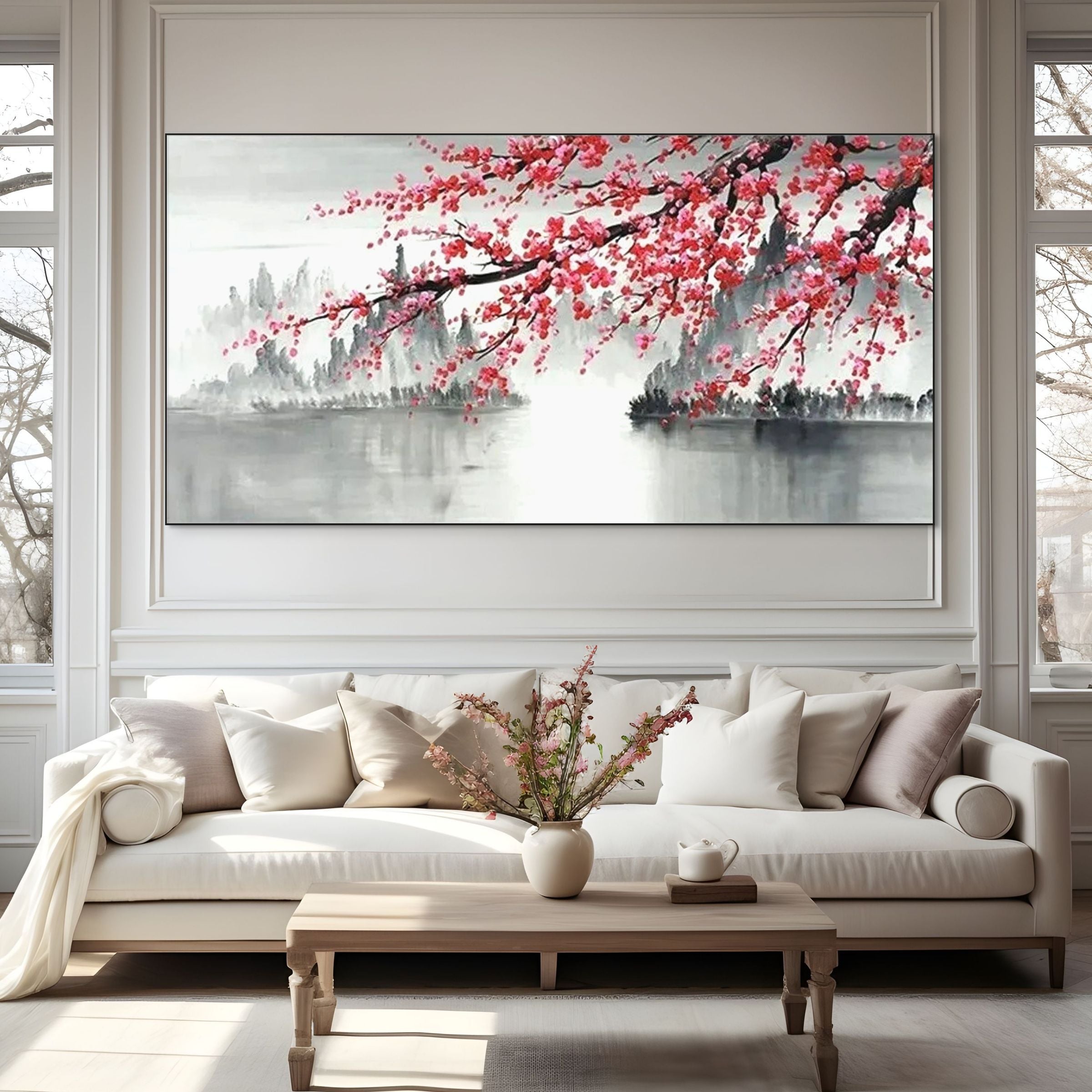 CHERRY BLOSSOM SERENITY: Pink Sakura Waterside Canvas