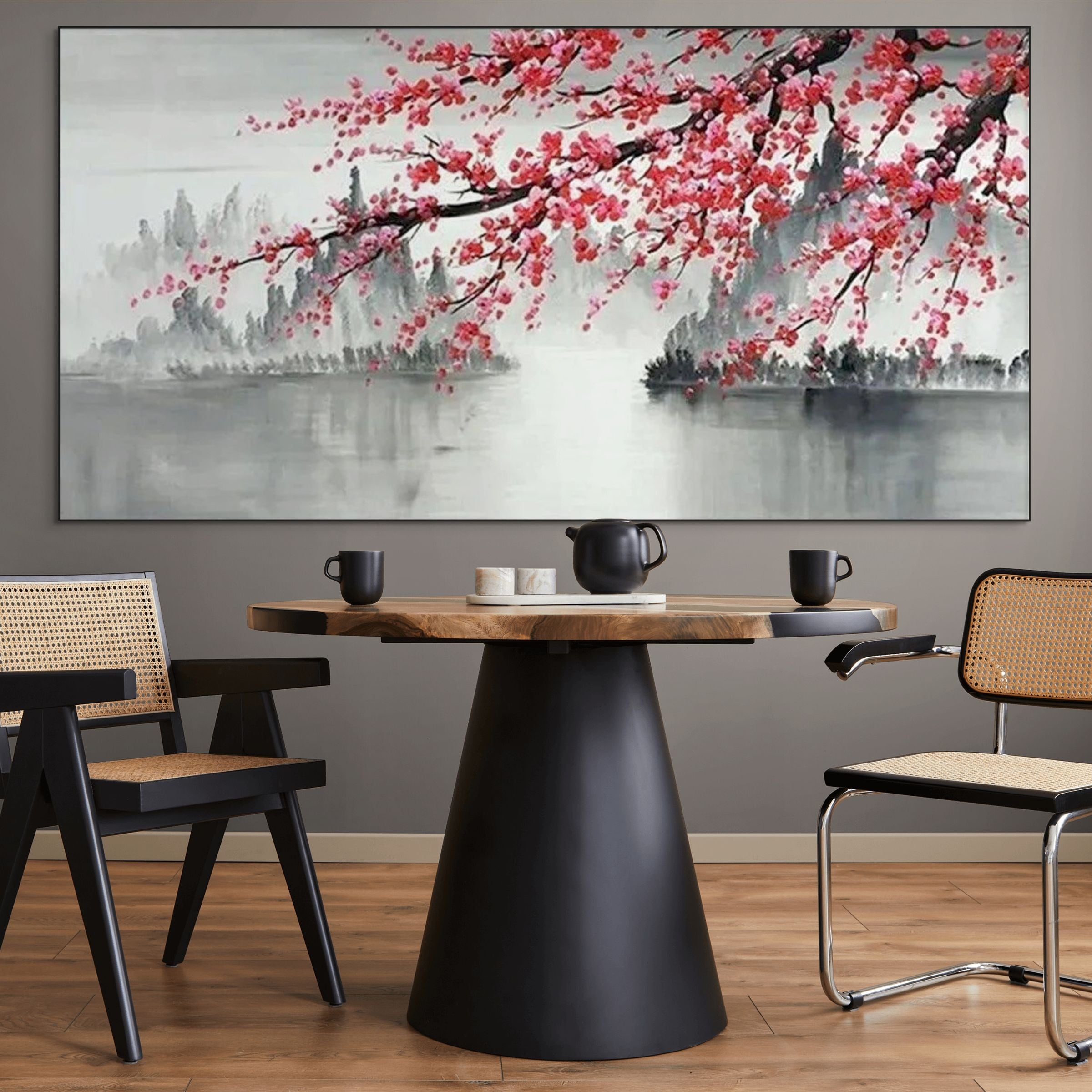 CHERRY BLOSSOM SERENITY: Pink Sakura Waterside Canvas